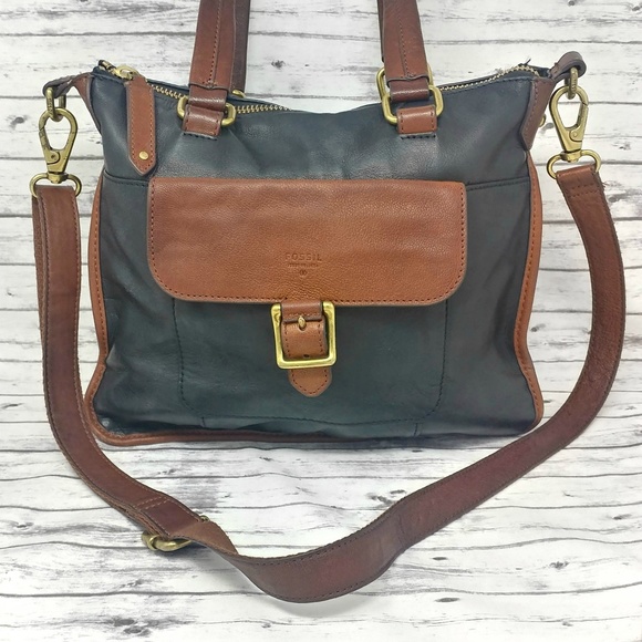 FOSSIL-Black & Brown Pebbled Leather Messenger Bag - Picture 2 of 7